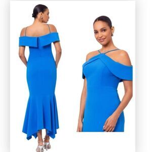Xscape Evenings 6296X Cold Shoulder Handkerchief Hem Scuba Crepe Gown NWT $249